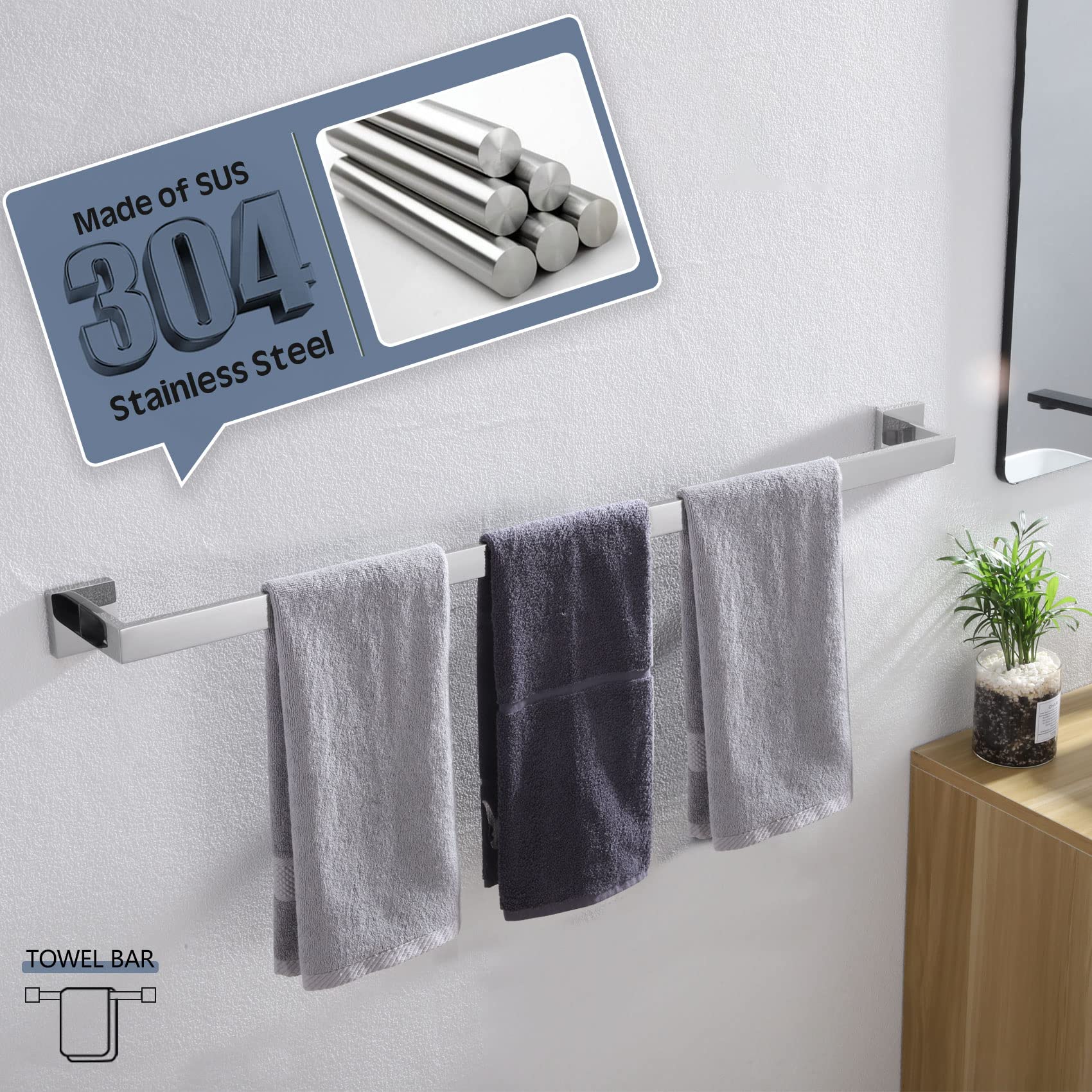 KOKOSIRI 36-Inch Single Towel Bar  Bathroom Kitchen Towel Holder  Wall Mounted SUS304 Stainless Steel Towel Rack  Polished Chrome  B4003CH-L36